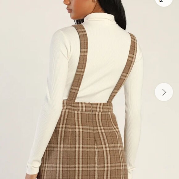Lulus Plaid To Be Yours Beige And Brown Plaid Pinafore Mini Dress - Size S - Picture 2 of 3